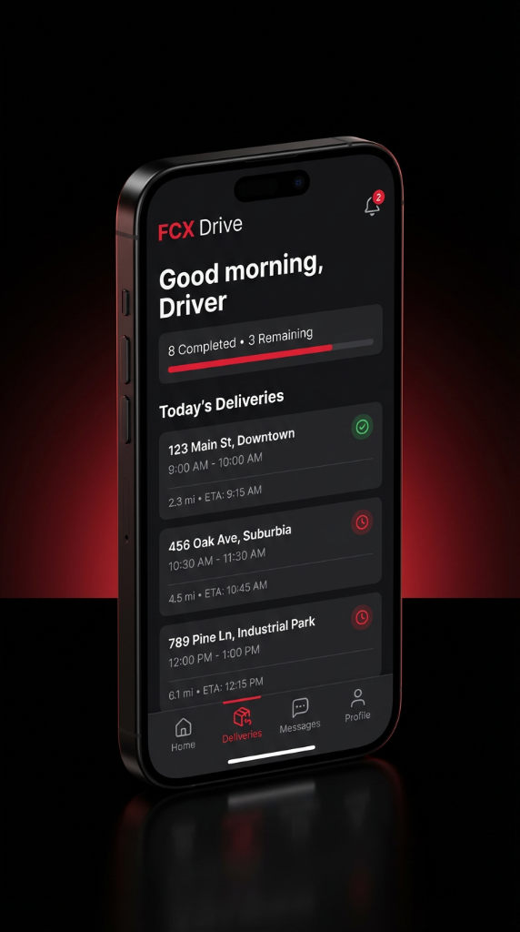 FCX Drive mobile app on phone showing delivery interface