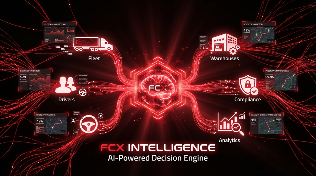 FCX Intelligence AI neural network connecting fleet, drivers, warehouses and compliance